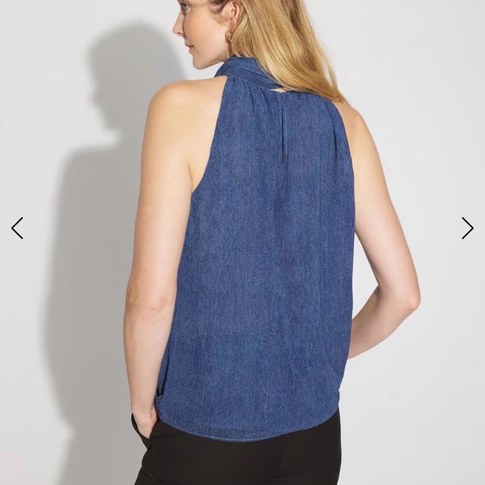 White House Black Market Denim Print Chiffon Halter Top (M) - Picture 4 of 10